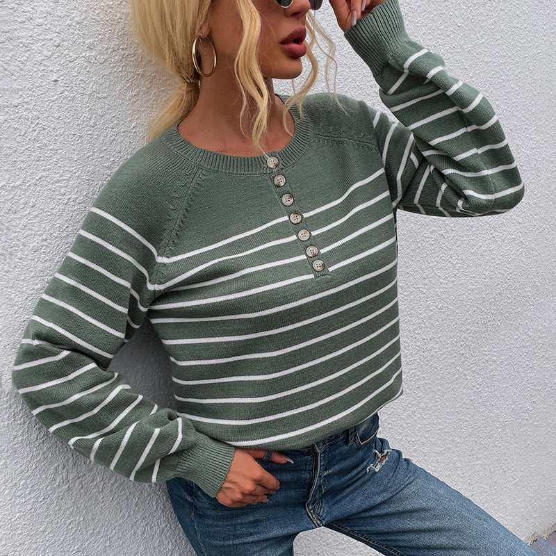 Hot selling crew neck long sleeve jumpers pullover casual single-breasted elegant striped sweaters for women
