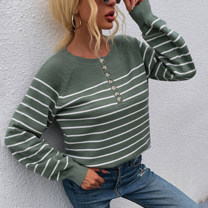 Hot selling crew neck long sleeve jumpers pullover casual single-breasted elegant striped sweaters for women