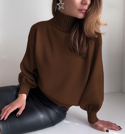 Hot selling women winter solid color puffy sleeve turtleneck fashion short knitwear casual sweater