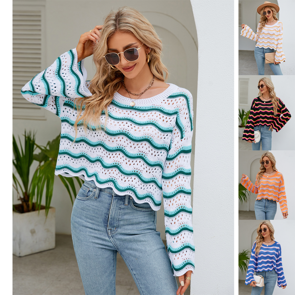 round neck striped sweaters women pullover oversize hollow out wave edge beach wear jumper mujer