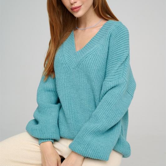 casual knitwear solid color v neck pullover elegant streetwear loose women lantern sleeve sweaters