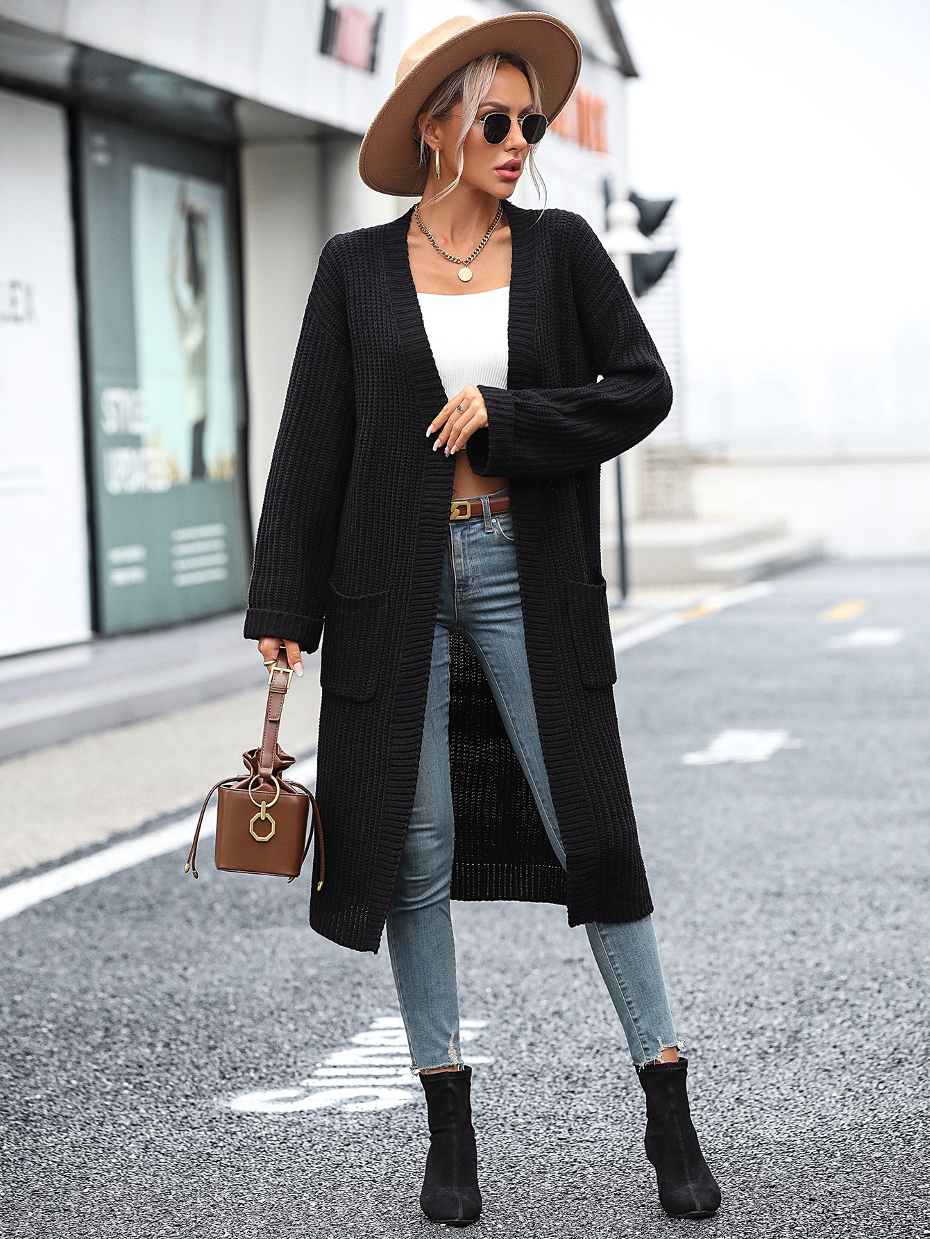 2026 Long Sleeve knitwear fall winter solid color loose women knitted cardigan sweater with pockets
