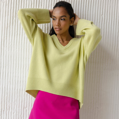 latest design women v neck solid color cozy knitwear irregular elegant loose long sleeve sweater