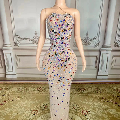 ZD Breathable Chiffon Mesh Bodycon Illusion Gown Off-Shoulder Open Back Maxi with Multicolor Rhinestones for Birthday & Club