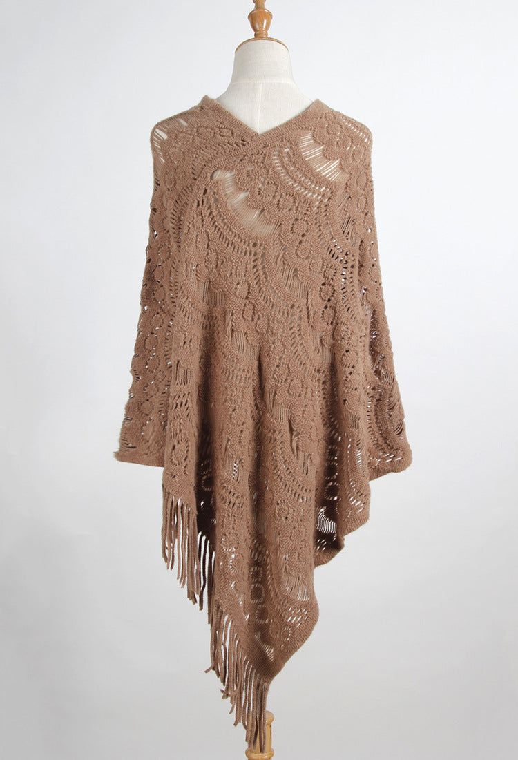New Arrival Mid-length crocheted hollow out irregular tassel capes knitted pullover sweater women’s shawl