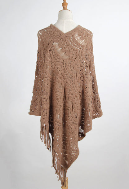 New Arrival Mid-length crocheted hollow out irregular tassel capes knitted pullover sweater women’s shawl