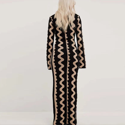 High quality Round neck wavy stripes knitwear color contrast flared sleeves wool slim fit elegant maxi knitted long dres