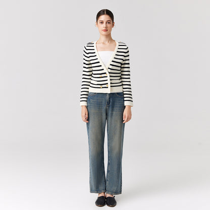 Knitwear Black white striped Merino wool elegant sweater coat Double Breasted gold cardigans women