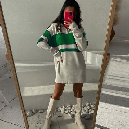 Turn down collar striped knitwear color blocking loose pullover casual women mini half zipper dress
