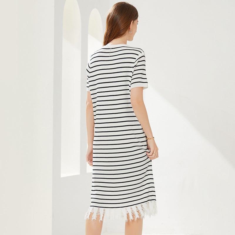 spring summer round neck pullover loose knitwear midi women casual striped knitted dress with tassel