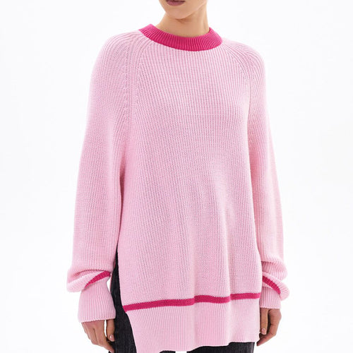 clothing autumn winter o neck oversize jumpers pullover elegant side split stripe sweaters for women