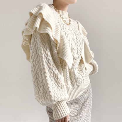 pure color puff sleeve women knitwear elegant pullover double layer cable knit top knitted sweater