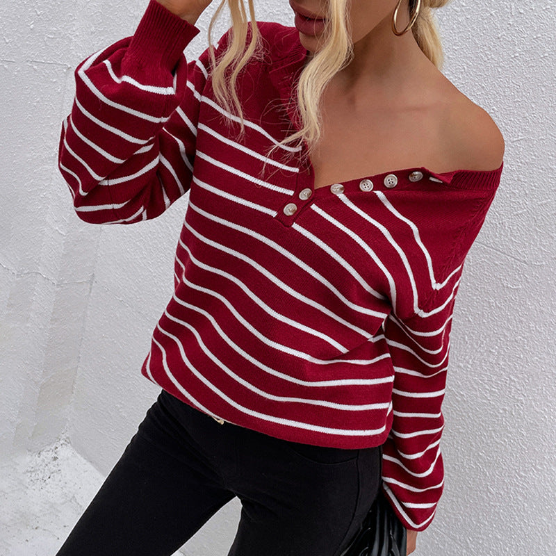Hot sales autumn winter single-breasted button jumper mujer casual pullover striped leisure women sweaters