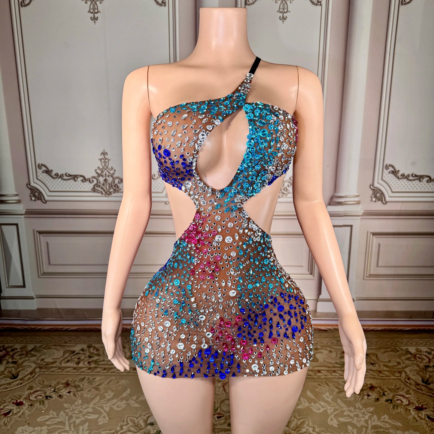 ZD Bodycon Natural Waistline Colored Rhinestone Geometric Pattern Night Club Sexy Backless Mini Evening Dress for Birthday Party