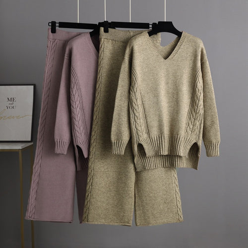 Trending Fashion V neck oversize cable sweaters wide leg pants elegant knitted loungewear women two piece pants set