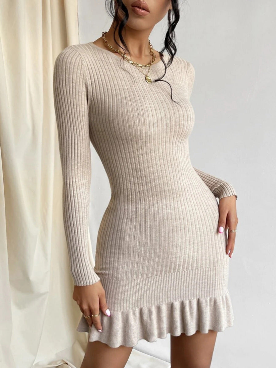 High quality women fashion pullover pure color round neck sexy slim fit ruffles bodycon knitted short dress