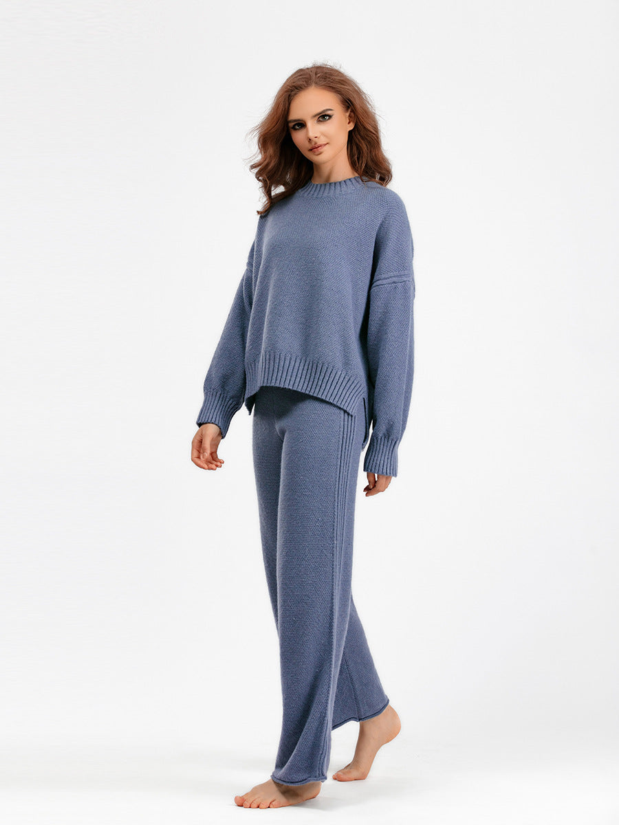 Knitwear o- neck ribbed pullover sweater 2 piece sets women wide leg pants oversize casual knitted outfits