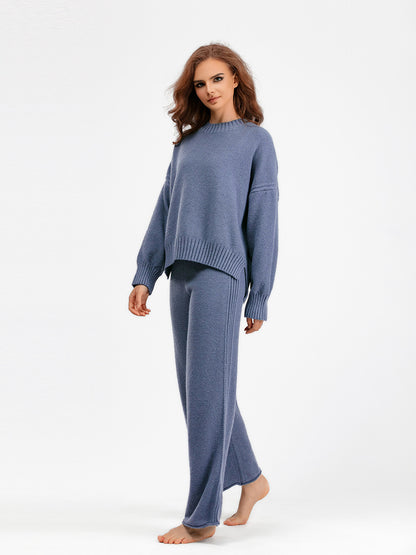 Knitwear o- neck ribbed pullover sweater 2 piece sets women wide leg pants oversize casual knitted outfits