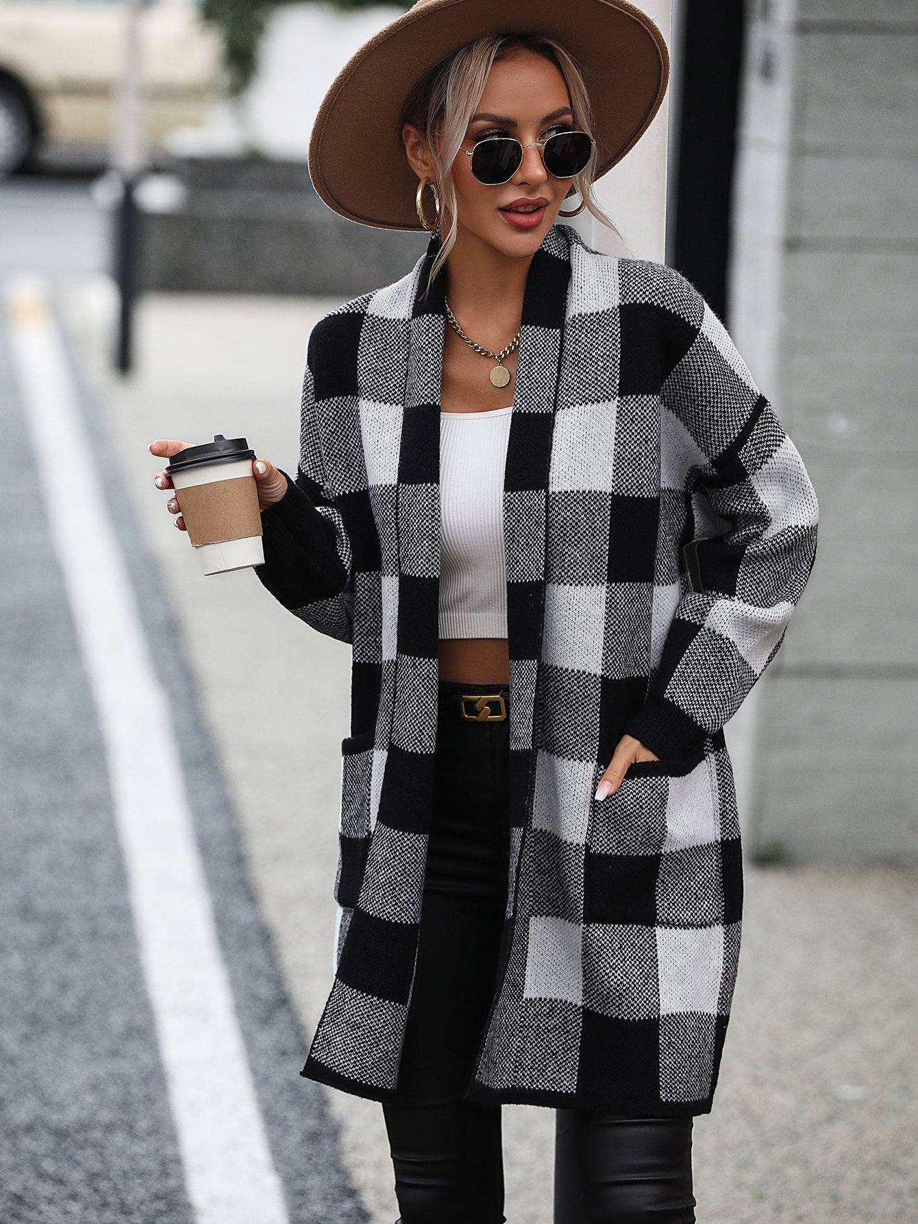 Hot selling oversize women knitwear matching color knitted sweaters fall winter plaid cardigans