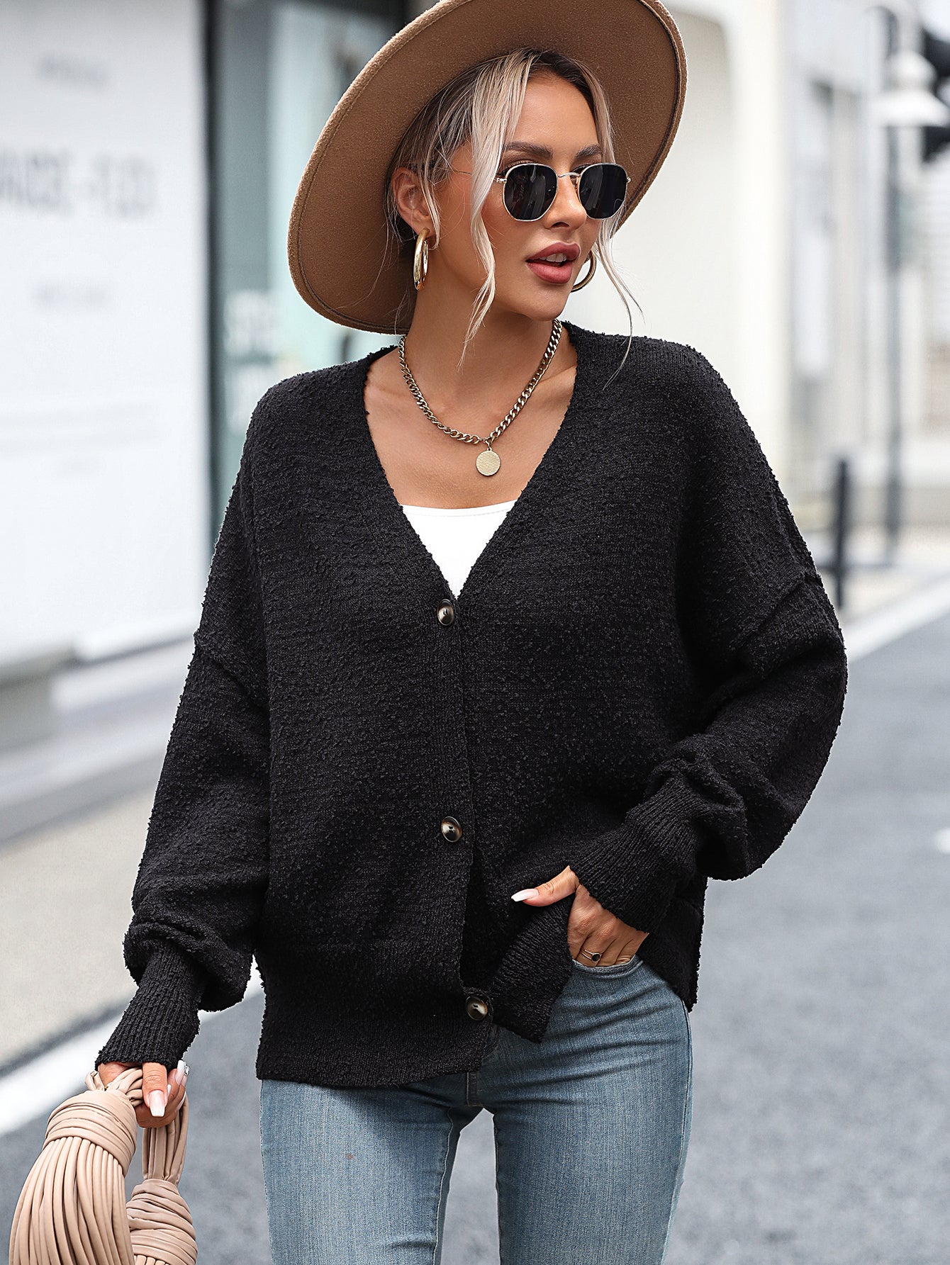 Fall winter V-neck single-breasted button solid color knitwear oversize casual women cardigan sweater