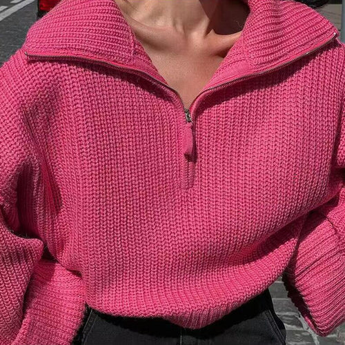 Trendy hot sales pure color lapel collar solid color thick half zipper women casual sweaters