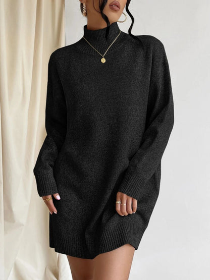 Solid color elegant knitwear women pullover turtleneck knitted casual one piece dress