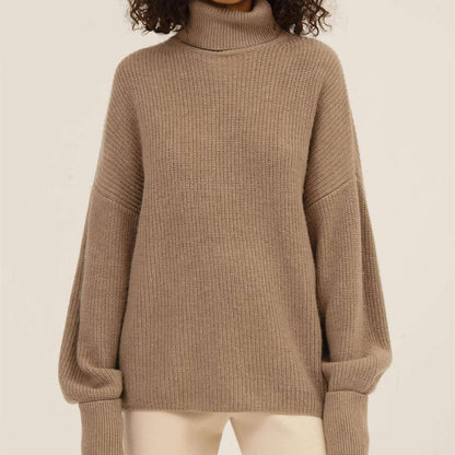 New design casual lantern sleeve knitwear turtleneck pure color women sweater pullover sweater