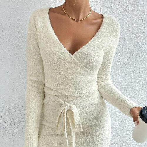 Hot selling V neck bandage knitwear casual loungewear women bodycon sexy knitted two piece dress set