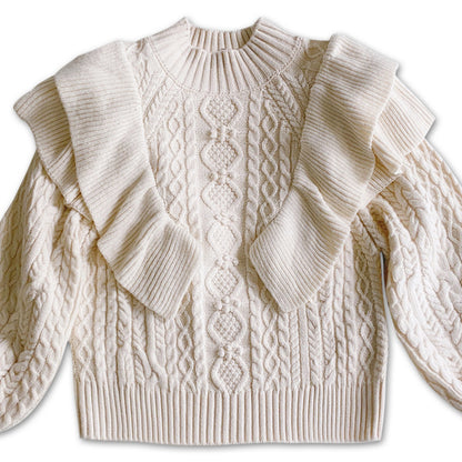 New Arrival half high neck wool knitted solid color knitwear lantern sleeve stylish ruffles mujer sweater