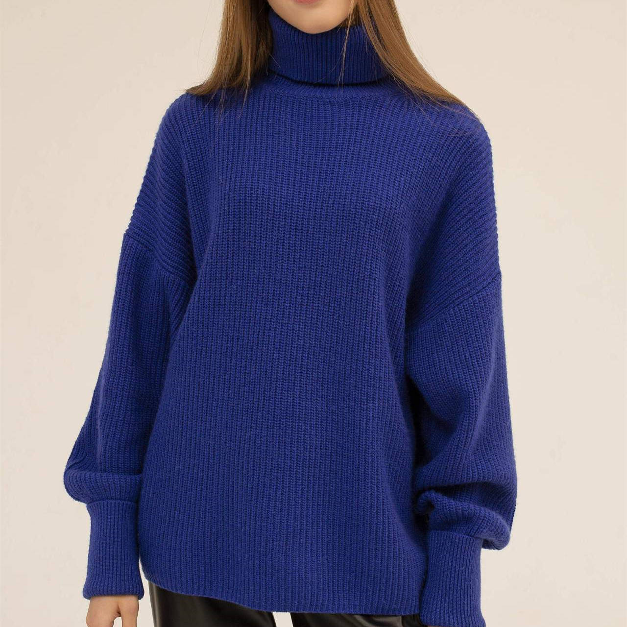 New arrivals high collar solid color lantern-sleeve knitwear pullover knitted sweater