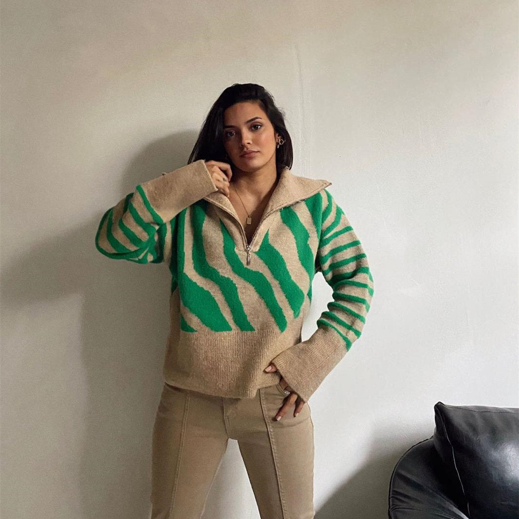 autumn winter thicken half collar Zipper knitwear pullover loose casual color blocking sweater mujer 2026