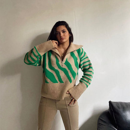 autumn winter thicken half collar Zipper knitwear pullover loose casual color blocking sweater mujer 2026