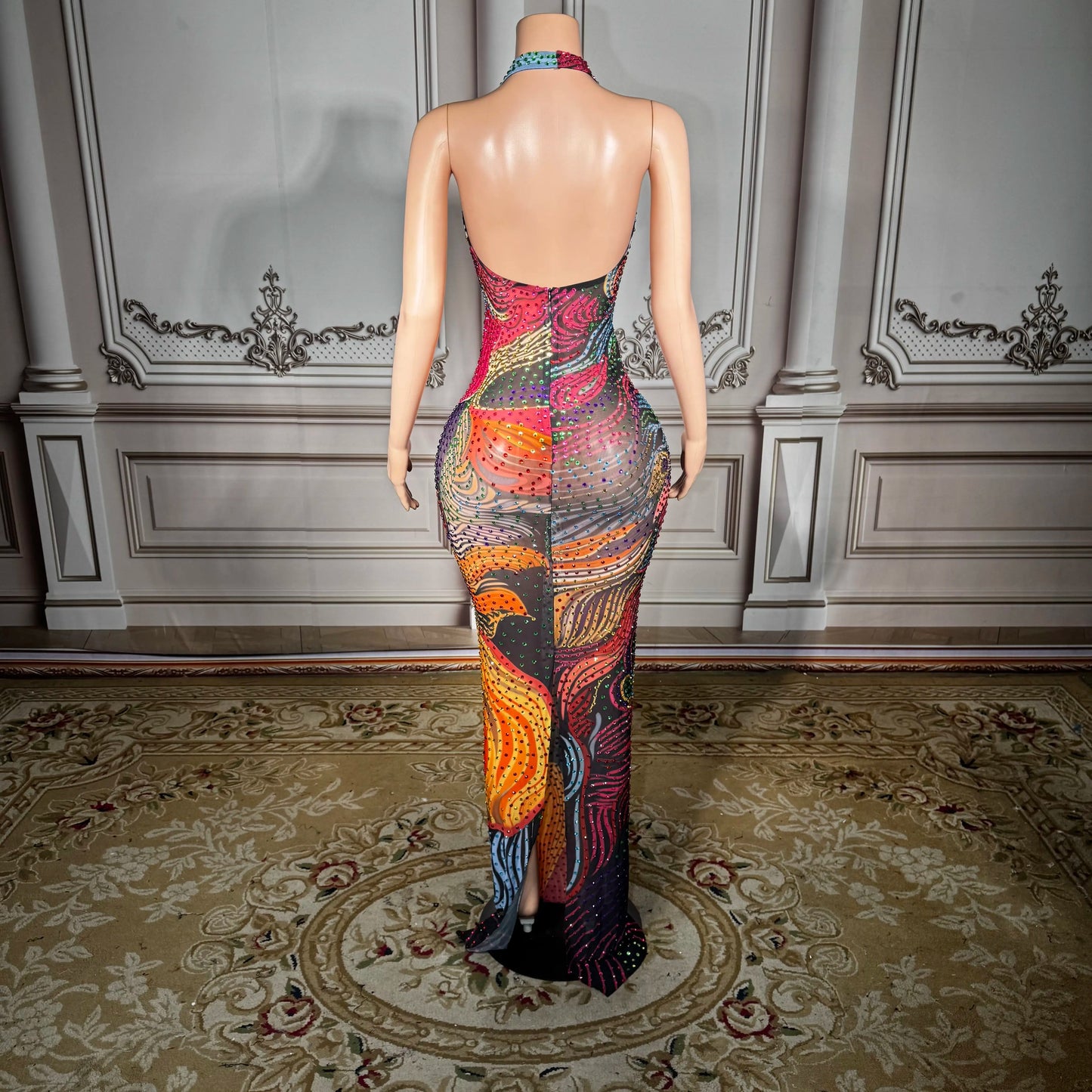 ZD Sexy See-through Mesh Dress with Deep Backless Design – Multi-Color Rhinestone Embellished Clubwear for Parties & Nightclubs