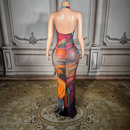 ZD Sexy See-through Mesh Dress with Deep Backless Design – Multi-Color Rhinestone Embellished Clubwear for Parties & Nightclubs