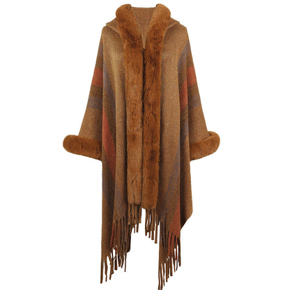 Hooded shawl women cappa autumn winter fur collar sweaters coats striped knitted fringe cape