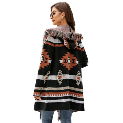 fashion women sweaters hooded knitted tassel cardigan jacquard sweater