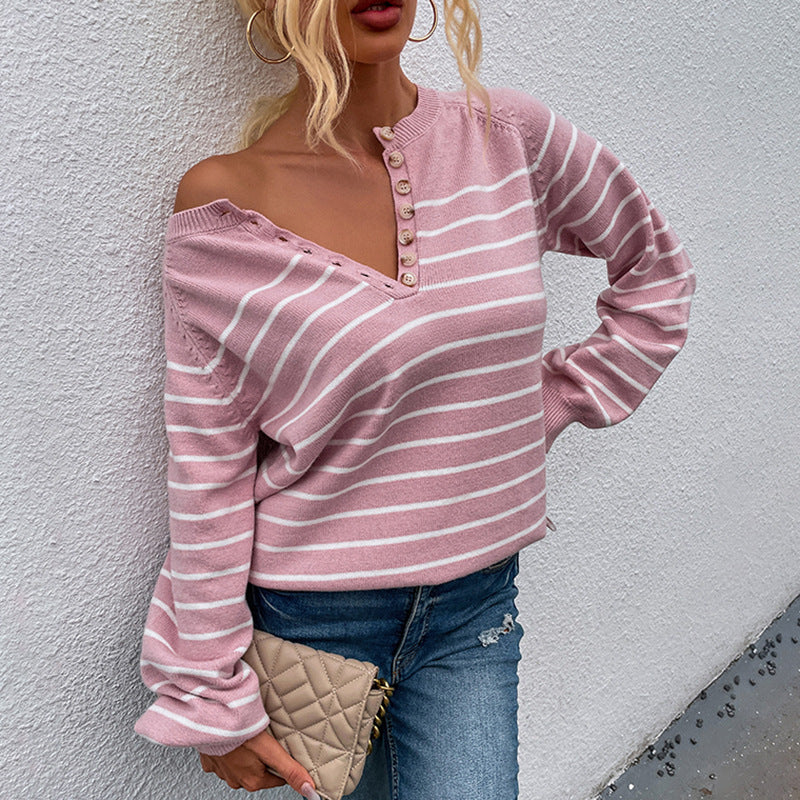 Hot sales autumn winter single-breasted button jumper mujer casual pullover striped leisure women sweaters