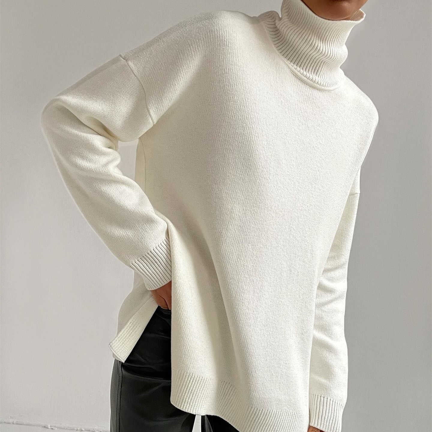 Solid Color Jumper Long Sleeve Casual Loose Winter Women’s High neck Pullover Knitted Sweater Tops
