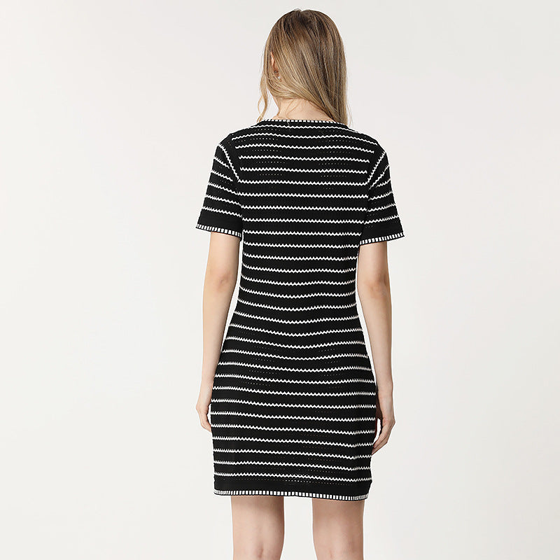 women round neck short sleeve pullover knitwear slim fit Striped elegant A-line knitted dress