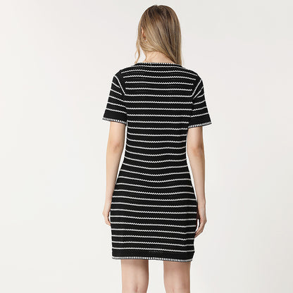 women round neck short sleeve pullover knitwear slim fit Striped elegant A-line knitted dress