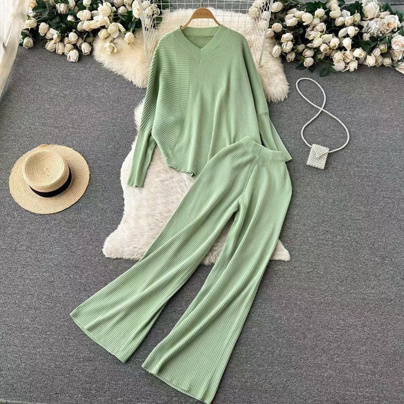 Hot selling pure color women loungewear elegant pullover loose knitted wide leg pants 2 piece set women