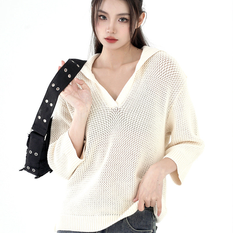 Trending fashion solid color casual knitwear pullover turn down collar hollow out sweaters women