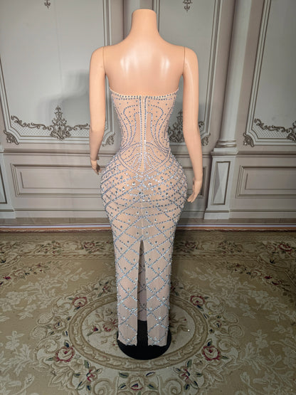ZD Sparkly Colored Rhinestone Strapless Off-the-shoulder Natural Waist Club Party Dresses Ball Long Gown Floor Length Evening