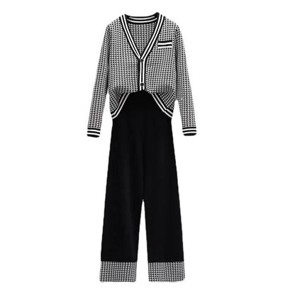New arrivals women elegant single-breasted cardigans knit high waist pants set color blocking 2 piece matching outfits