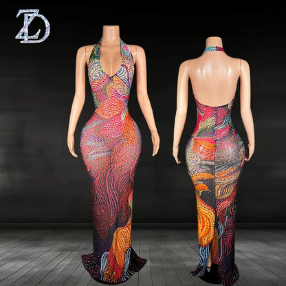 ZD Sexy See-through Mesh Dress with Deep Backless Design – Multi-Color Rhinestone Embellished Clubwear for Parties & Nightclubs