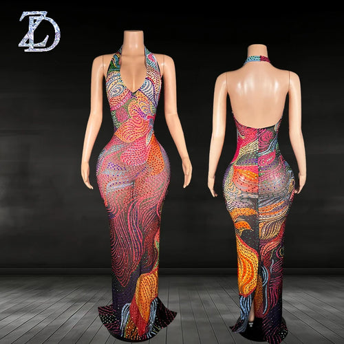 ZD Sexy See-through Mesh Dress with Deep Backless Design – Multi-Color Rhinestone Embellished Clubwear for Parties & Nightclubs
