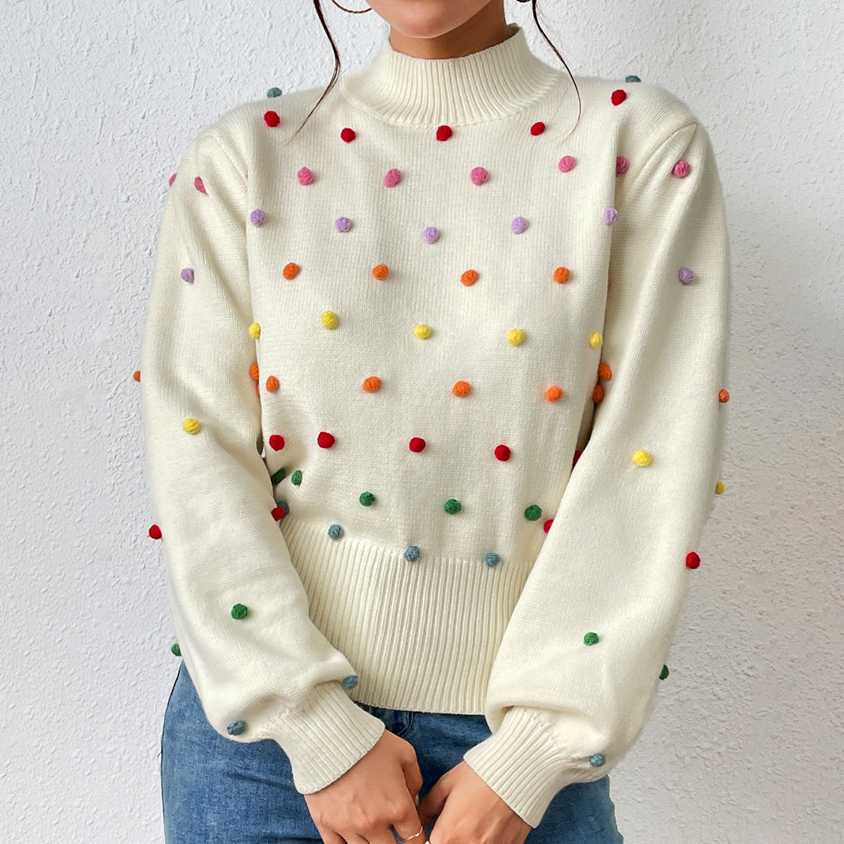 New arrivals Loose Elegant Colored beaded knitwear round neck pullover puff sleeve casual sweater women