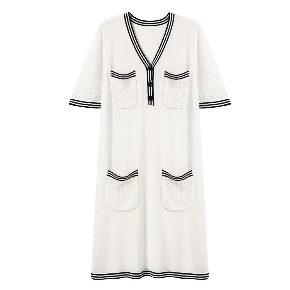 High quality elegant v neck knitwear temperament commuter pullover ladies striped midi knitted dress with pockets