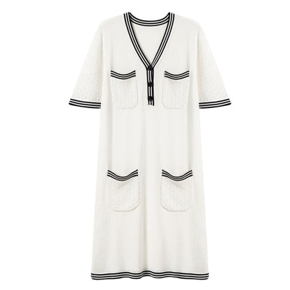 High quality elegant v neck knitwear temperament commuter pullover ladies striped midi knitted dress with pockets