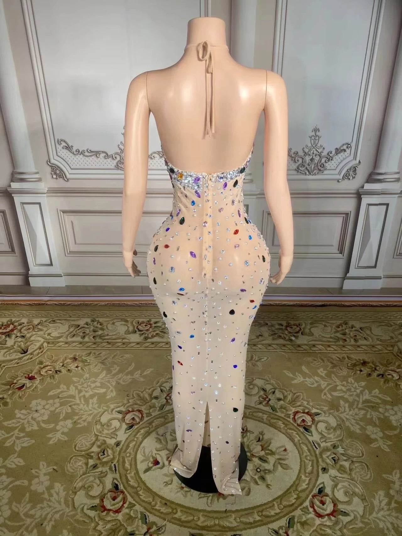 ZD Breathable Chiffon Mesh Bodycon Illusion Gown Off-Shoulder Open Back Maxi with Multicolor Rhinestones for Birthday & Club